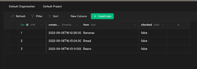 The Supabase table editor listing rows of data